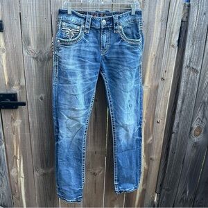 Rock Revival Slim Straight Blue Jeans with Vintage Fade Size 30